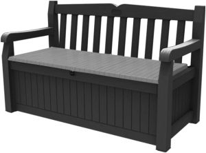 Keter Eden Bench 265L Outdoor 60% recycled Garden Furniture Storage Box Graphite & Light Grey | Fade Free | All Weather Resistant | Safe and Secure |