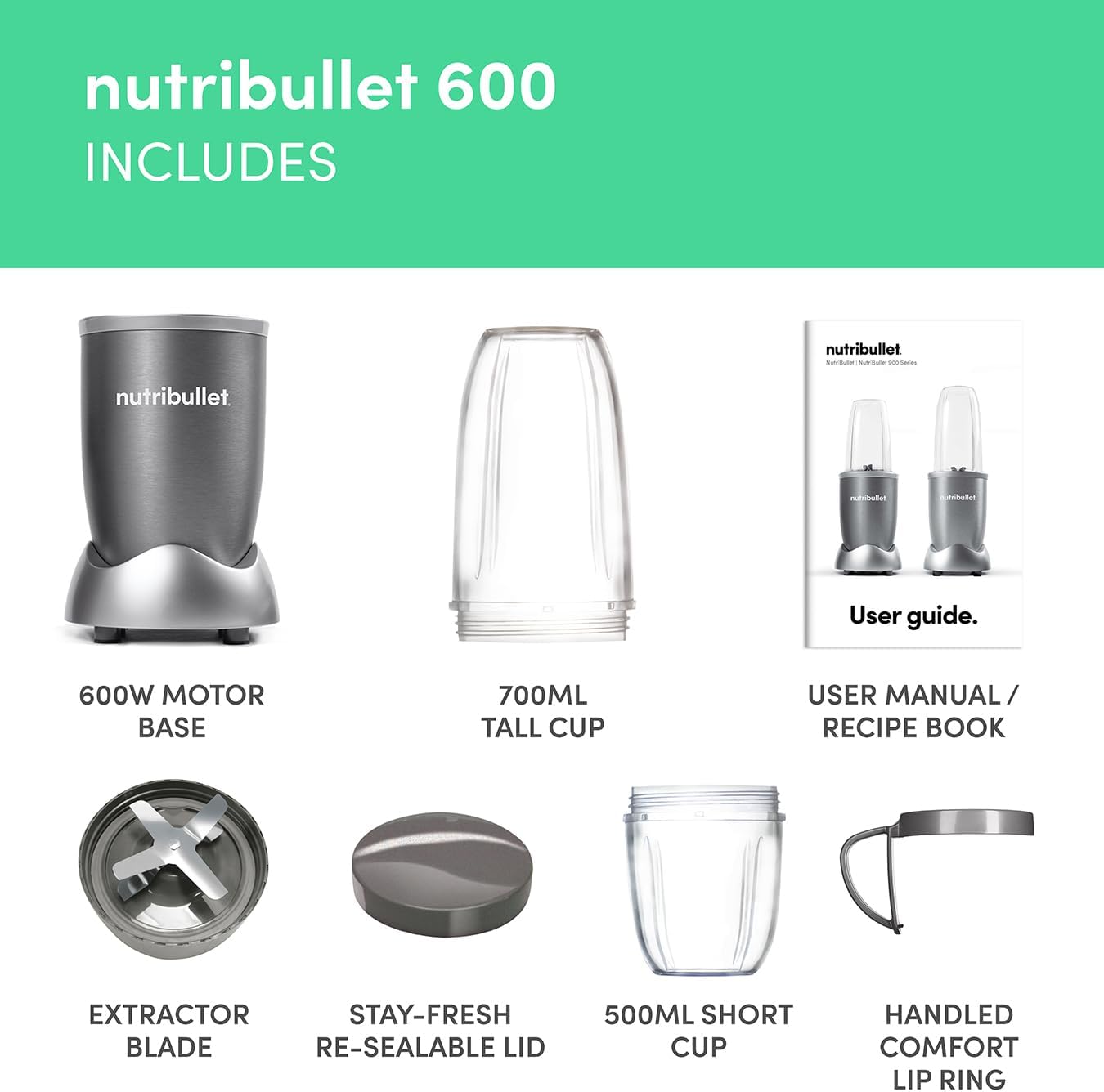 Nutribullet 600 Series Blender – 600W, 20,000 RPM, Smoothie Maker, 7-Piece Kit, Grey - Image 2