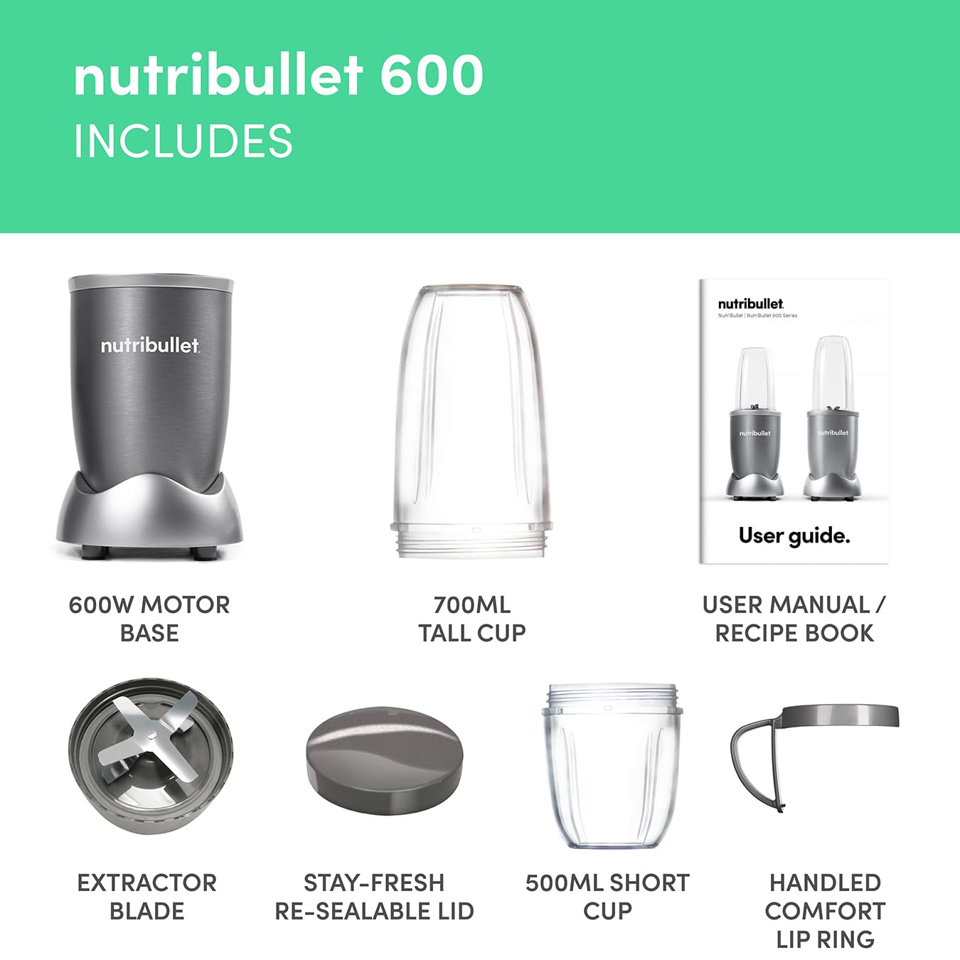 nutribullet Blender 600 Series - Powerful 20,000 RPM Extractor Blends Frozen Fruit, Nuts & Ice - 7 Piece Kit Includes Tall Cup, Short Cup, Handled - Image 3
