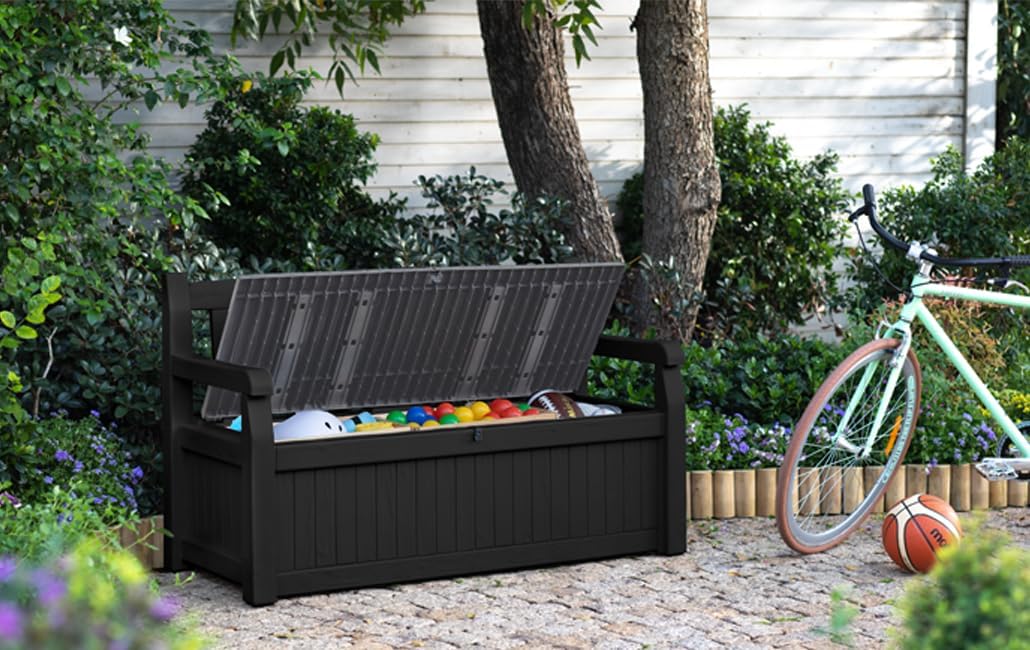 Keter Eden Bench 265L Outdoor 60% recycled Garden Furniture Storage Box Graphite & Light Grey | Fade Free | All Weather Resistant | Safe and Secure | - Image 2