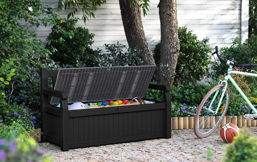 Keter Eden Bench 265L Outdoor 60% recycled Garden Furniture Storage Box Graphite & Light Grey | Fade Free | All Weather Resistant | Safe and Secure | - Image 3