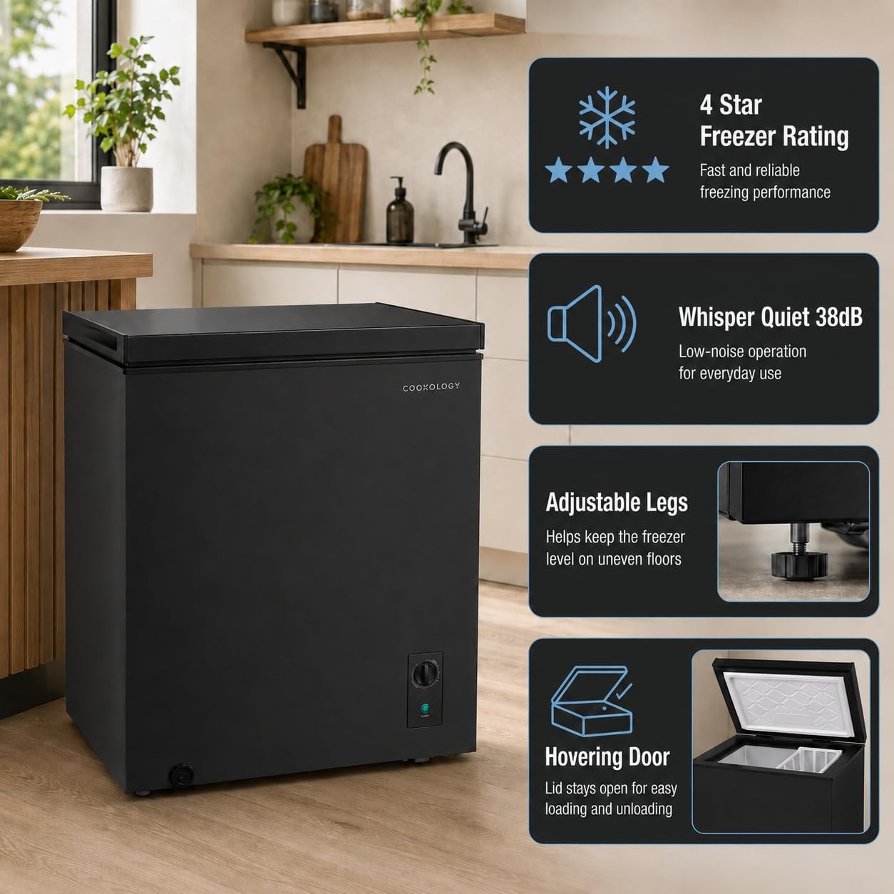 Cookology 99L Chest Freezer CCFZ99BK – Switches to Fridge Mode, Quiet 41dB, Garage Safe, Removable Basket, Black - Image 2