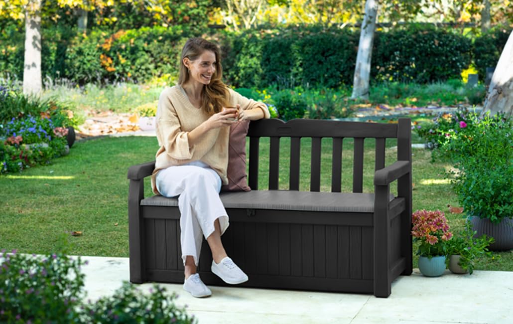 Keter Eden Bench 265L Outdoor 60% recycled Garden Furniture Storage Box Graphite & Light Grey | Fade Free | All Weather Resistant | Safe and Secure | - Image 4
