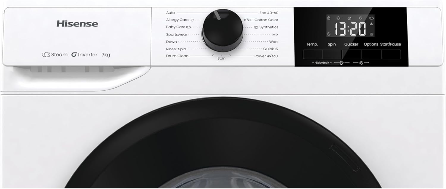 Hisense 7kg Washing Machine 1200 Spin White – Steam Wash, Inverter Motor, Quick Wash, 15 Programs (WF1G7021BW) - Image 2