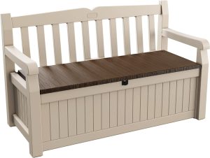 Keter Eden Bench 265L Outdoor 60% recycled Garden Furniture Storage Box Beige & Brown Wood Panel Effect | Fade Free | All Weather Resistant | Safe and
