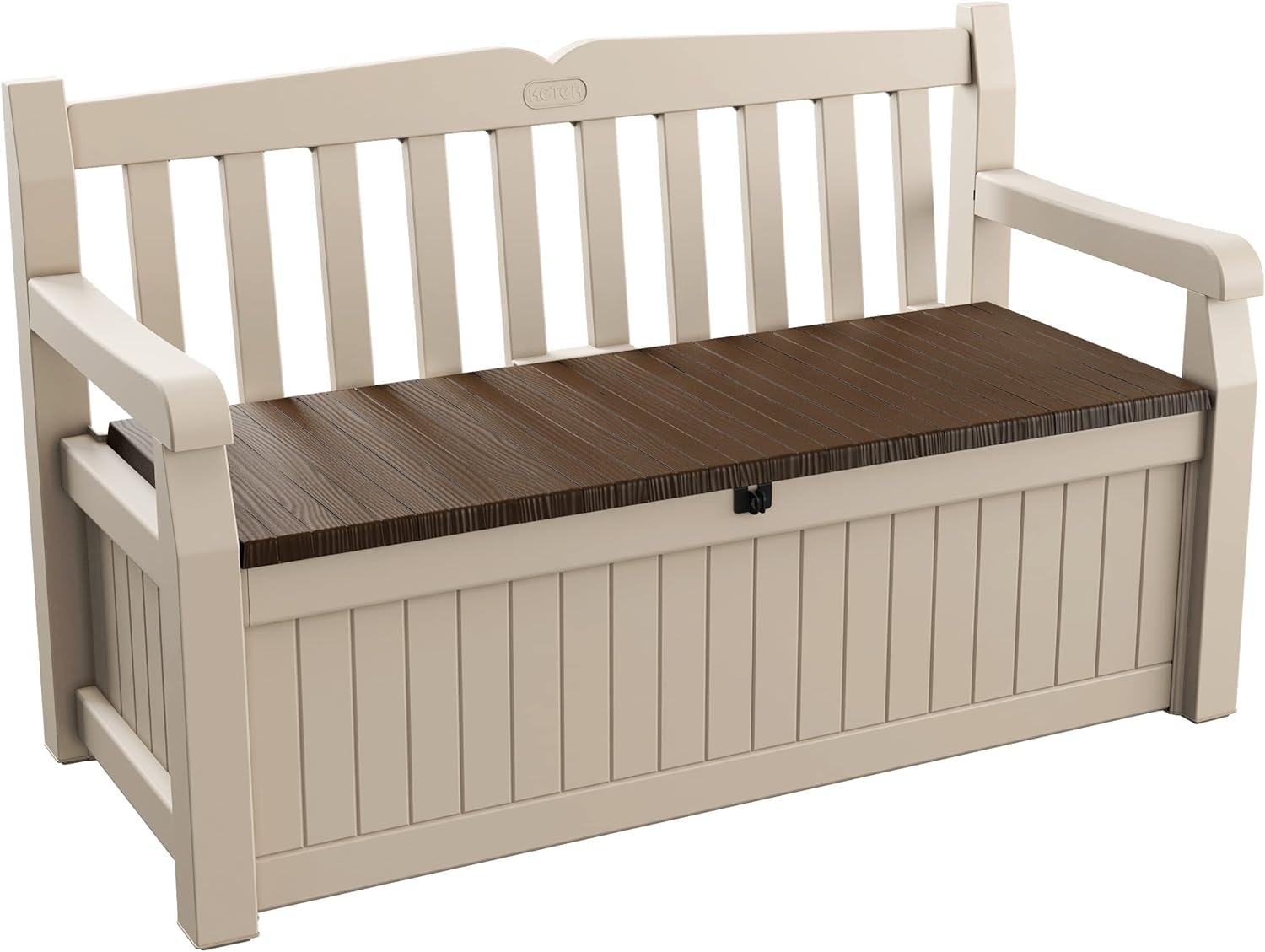 Keter Eden Bench 265L Outdoor 60% recycled Garden Furniture Storage Box Beige & Brown Wood Panel Effect | Fade Free | All Weather Resistant | Safe and