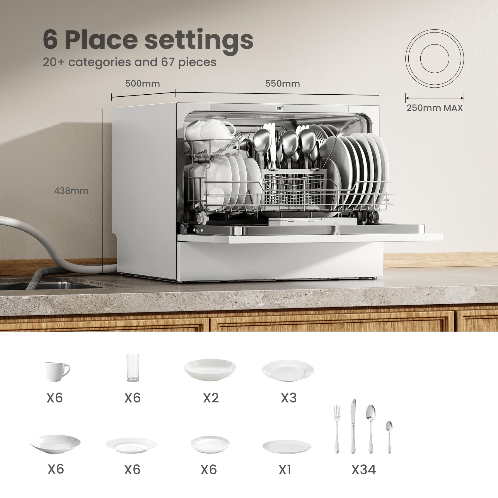 COMFEE' Table Top Dishwasher with 6 Place Settings, Mini Countertop Dishwasher for Small Families, Couples, LED display, Delay Start, 47dB Quiet Noise - Image 7