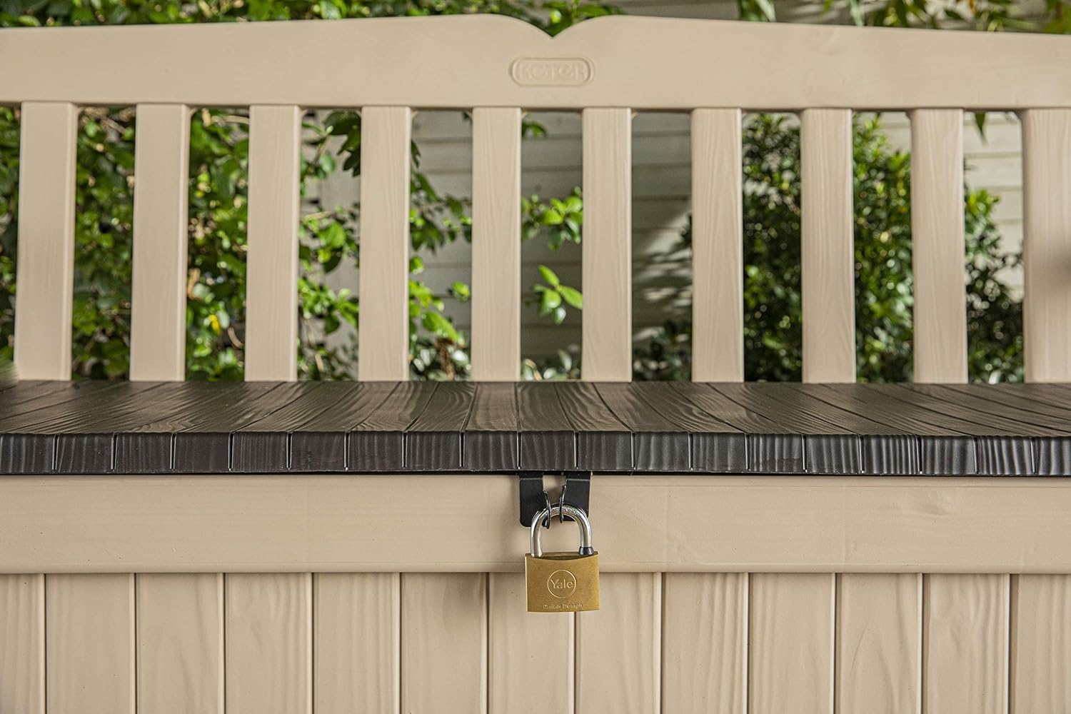 Keter Eden Bench 265L Outdoor 60% recycled Garden Furniture Storage Box Beige & Brown Wood Panel Effect | Fade Free | All Weather Resistant | Safe and - Image 4