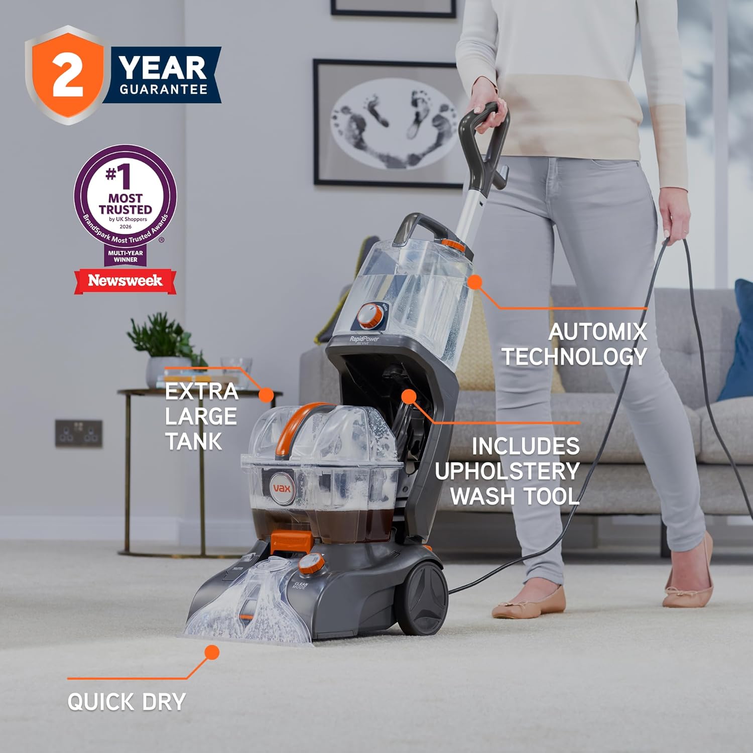 Vax Rapid Power Revive Carpet Cleaner Machine, Rug, Upholstery, Car, Stair Upright Shampooer Washer, Handheld Spot Cleaning Wash Tool, Solution, 1200W - Image 2