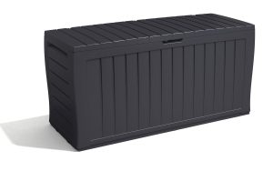 Keter Marvel+ 270L Outdoor 65% recycled Garden Furniture Storage Box Graphite Wood Panel Effect | Fade Free | All Weather Resistant | Safe and Secure