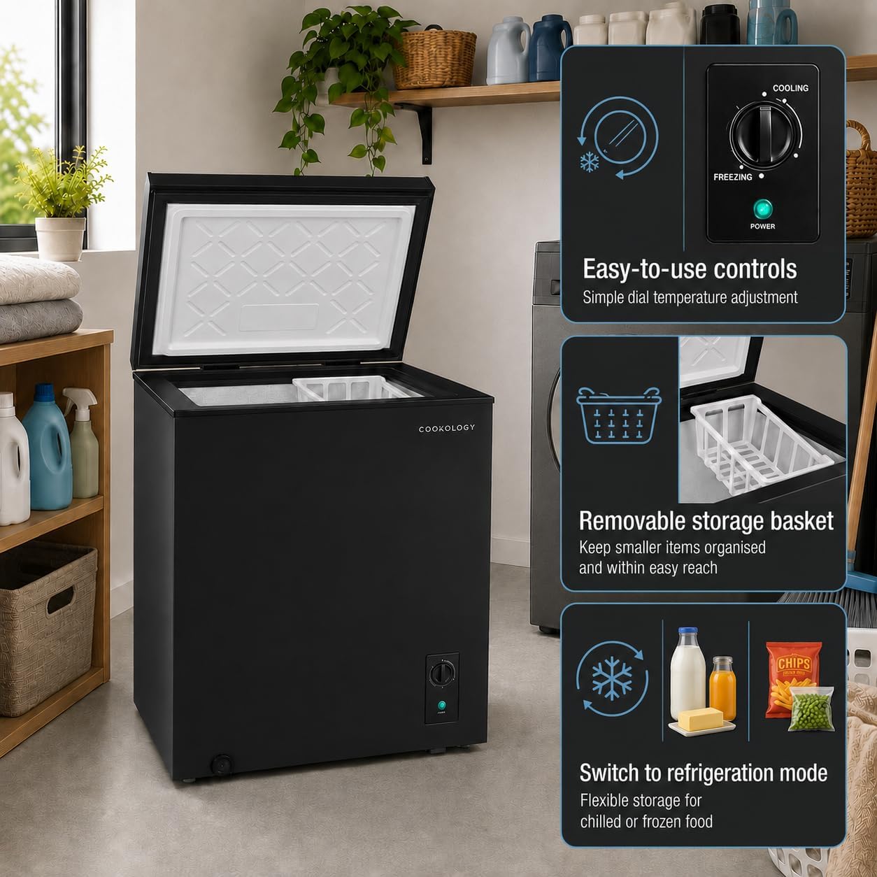 Cookology 99L Chest Freezer CCFZ99BK – Switches to Fridge Mode, Quiet 41dB, Garage Safe, Removable Basket, Black - Image 5