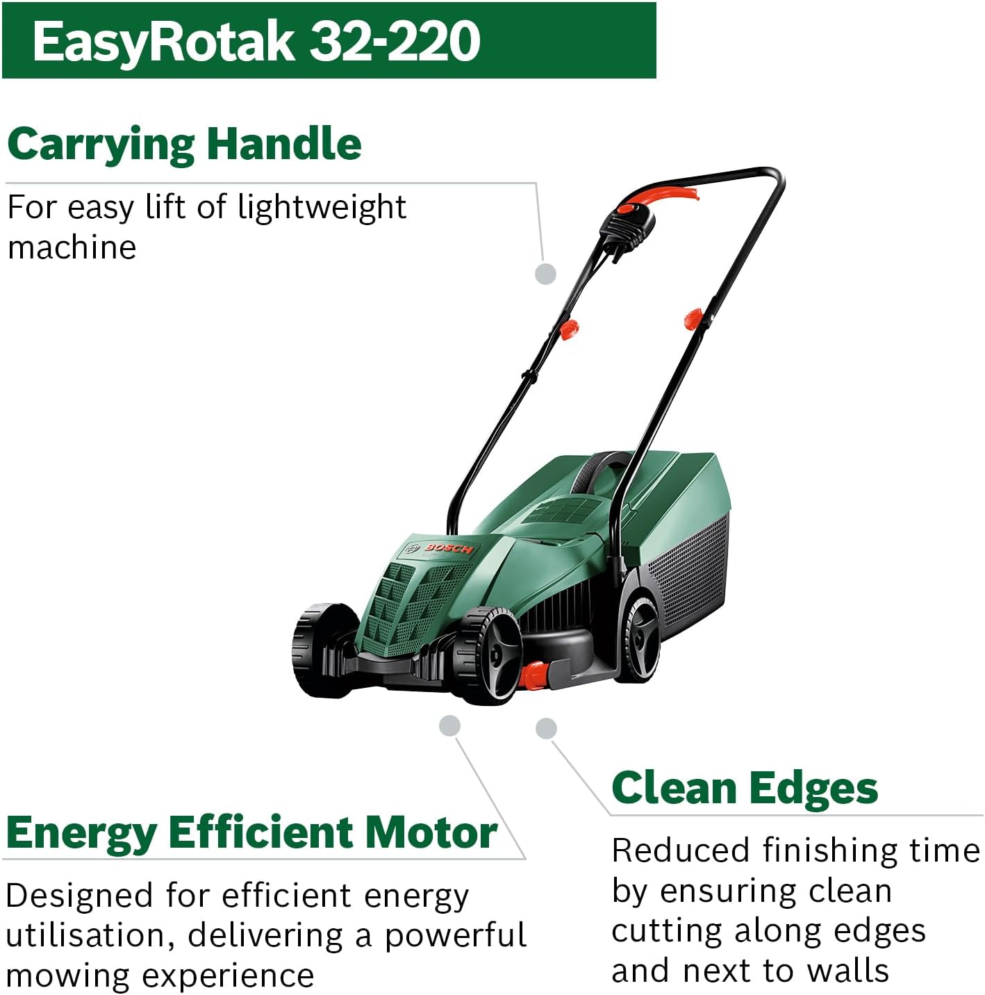 Bosch Corded Lawnmower EasyRotak 32-220 (1200 W Motor Power, Cutting Width: 32 cm, 31-Litre Grass Box, Extra 32cm Sharp Blade, Suitable for Quick and - Image 2