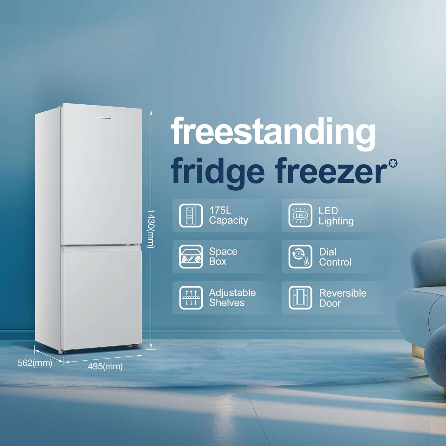Fridgemaster 50cm Slim Fridge Freezer MC50175A – Fits Narrow Kitchens, 175L 60/40, Quiet 39dB, Reversible Door, White - Image 4