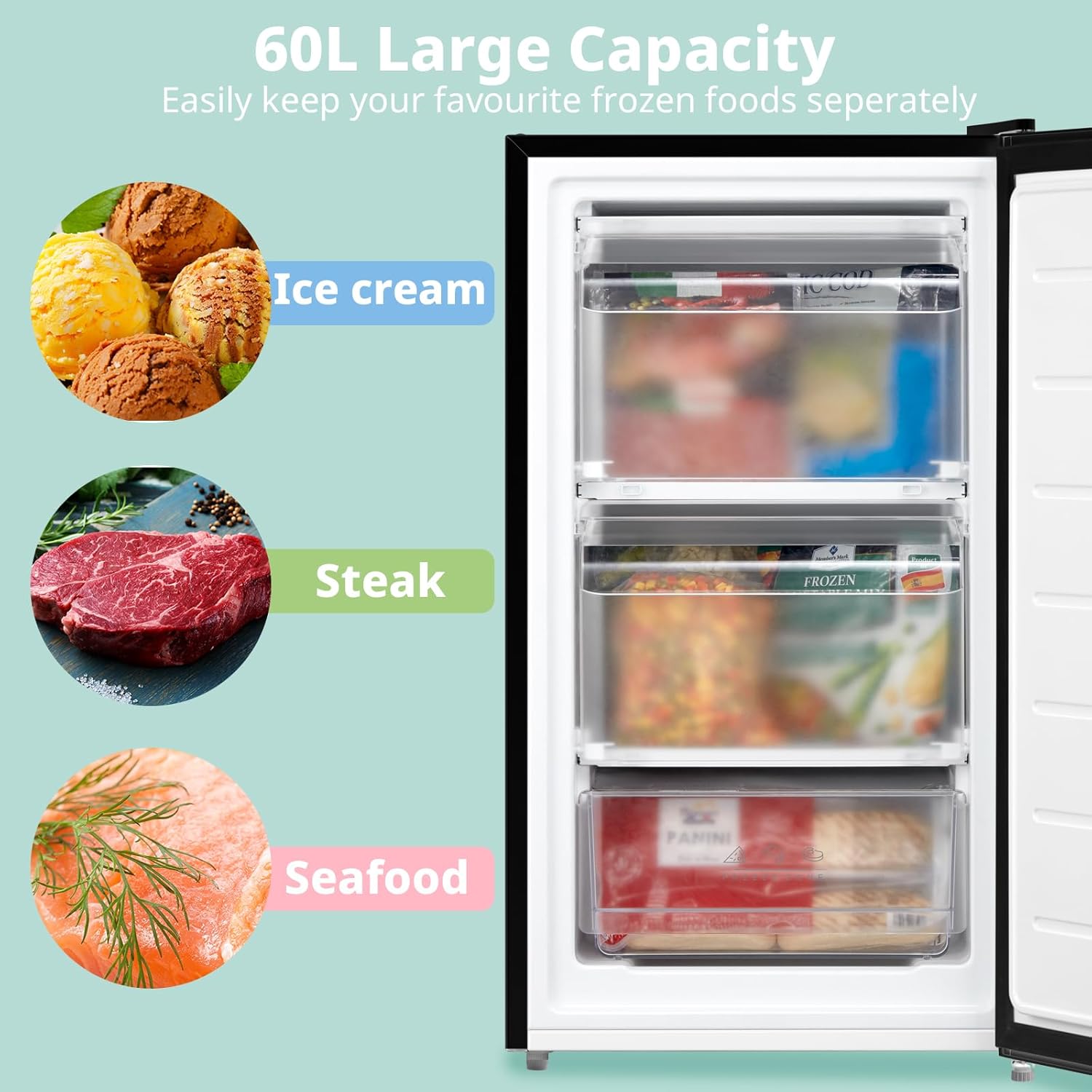 COMFEE' RCU60BL2UK(E) 60 Litre Freestanding Under Counter, 48cm Upright Freezer Adjustable Thermostat, Reversible Door, 4 Star Freezer Rating Drawer, - Image 5