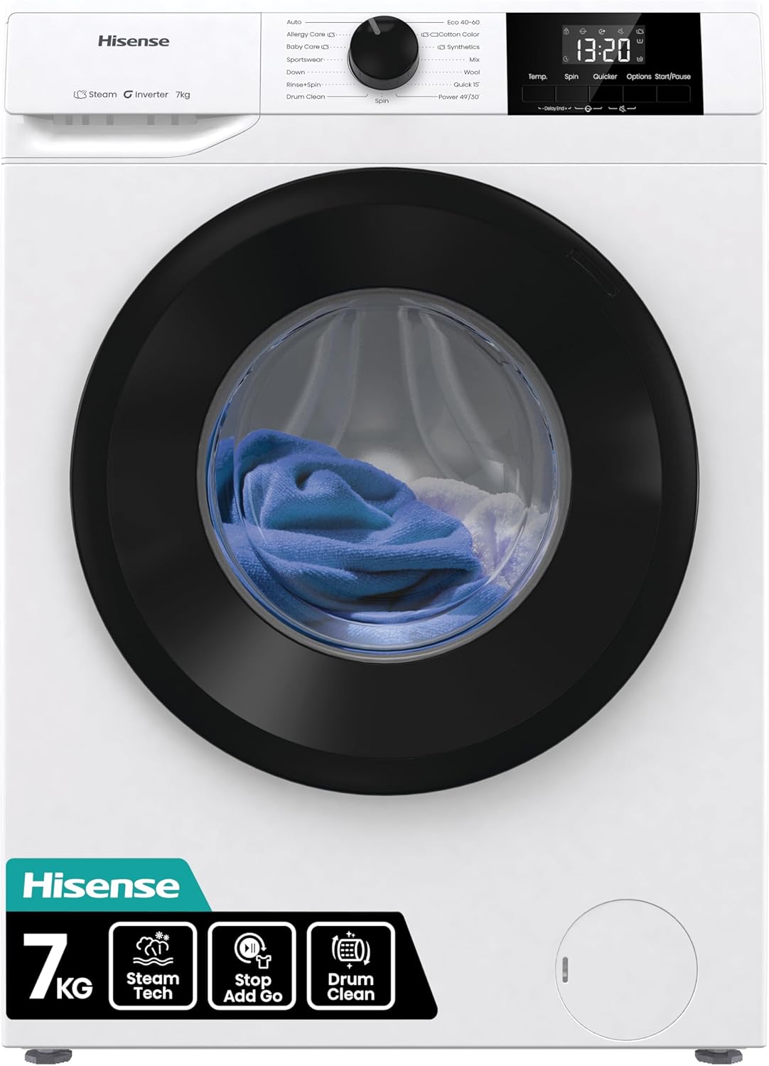 Hisense 7kg Washing Machine 1200 Spin White – Steam Wash, Inverter Motor, Quick Wash, 15 Programs (WF1G7021BW)