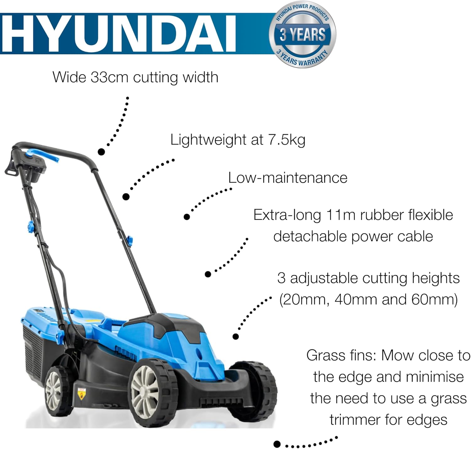 Hyundai 1300W Electric Lawn Mower – 33cm Lightweight Corded Lawnmower, 30L Grass Box, Foldable Handle, 3 Cutting Heights, Ideal for Small Gardens - 3 - Image 2