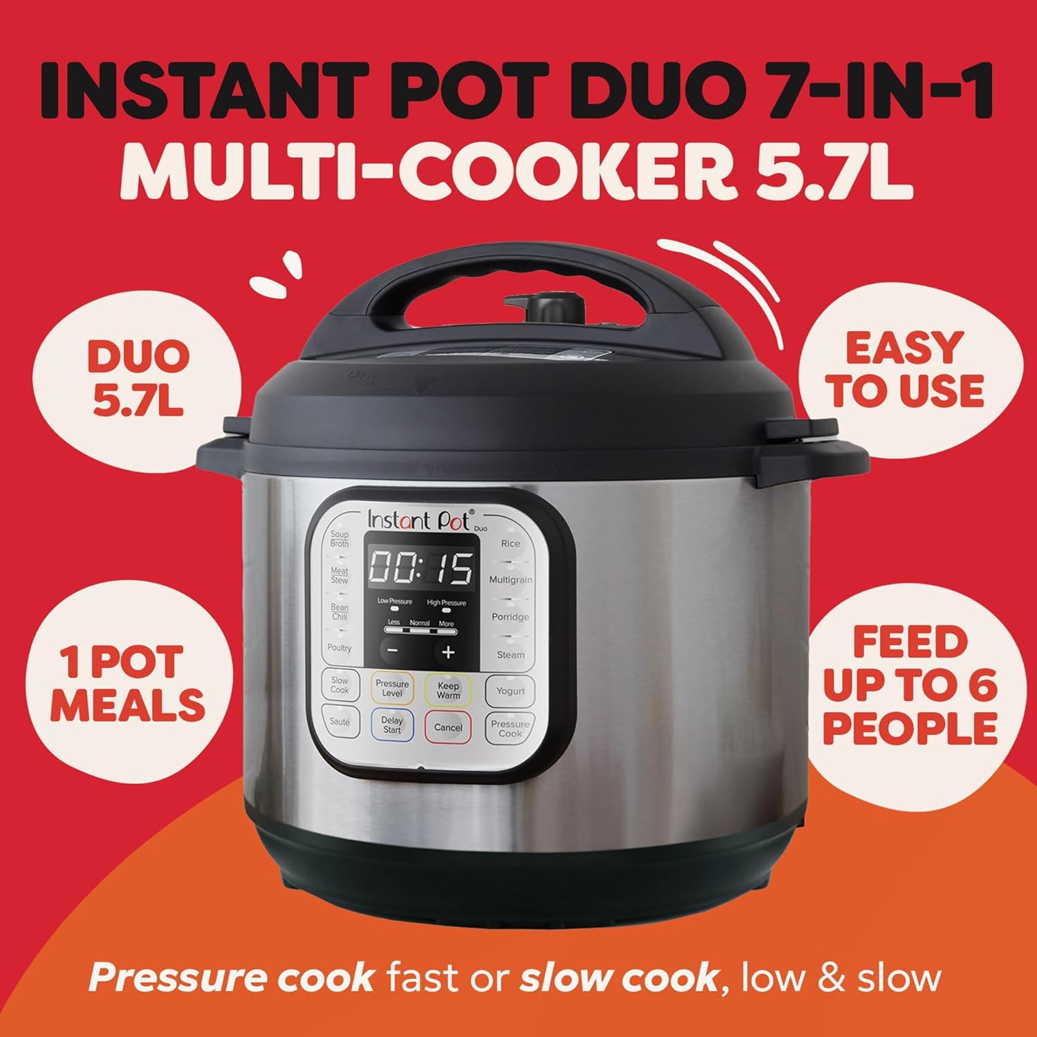 Instant Pot Duo 7-in-1 Multi Cooker 5.7L – Pressure Cooker, Slow Cooker, Rice Cooker, Stainless Steel - Image 2
