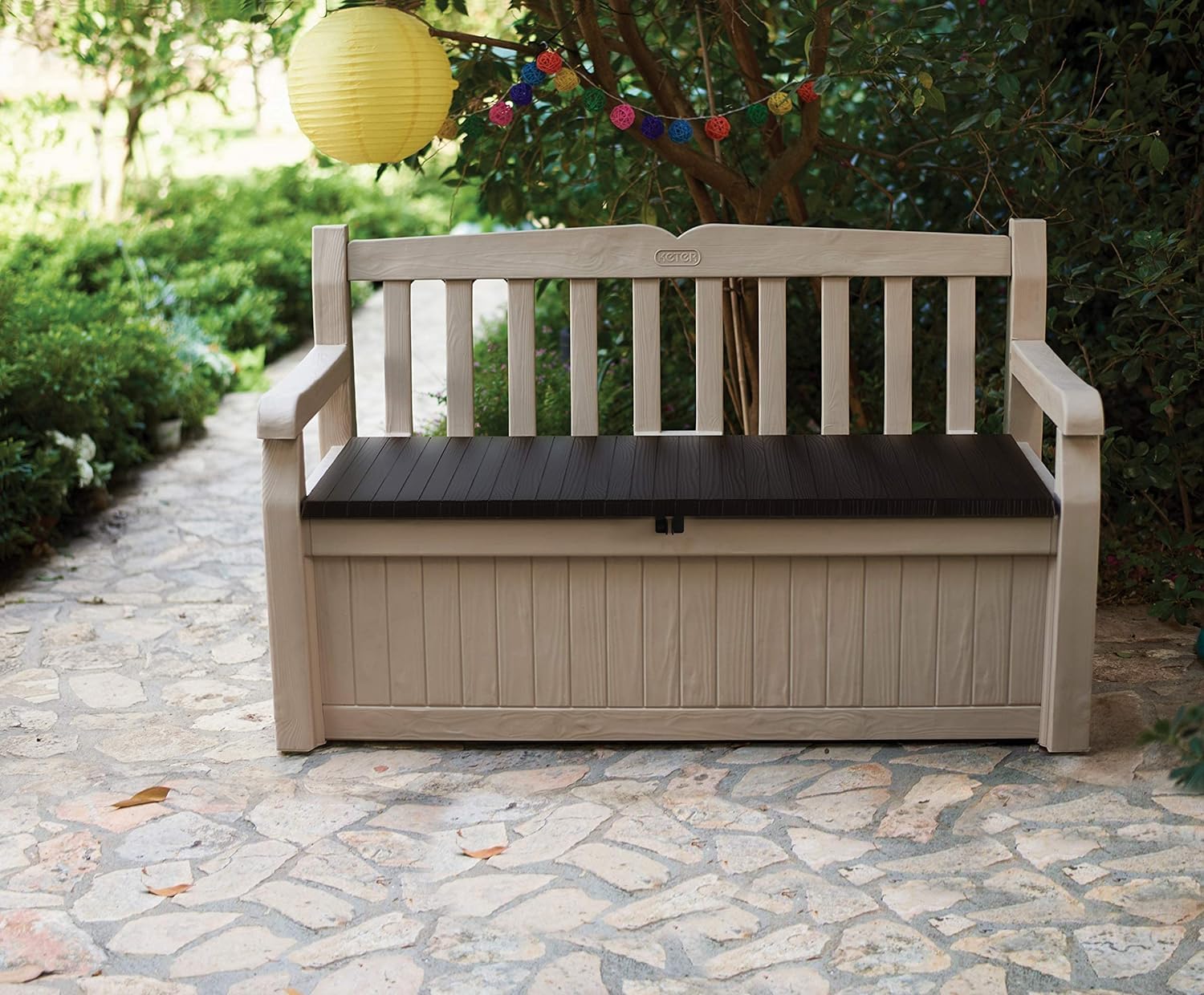 Keter Eden Bench 265L Outdoor 60% recycled Garden Furniture Storage Box Beige & Brown Wood Panel Effect | Fade Free | All Weather Resistant | Safe and - Image 6