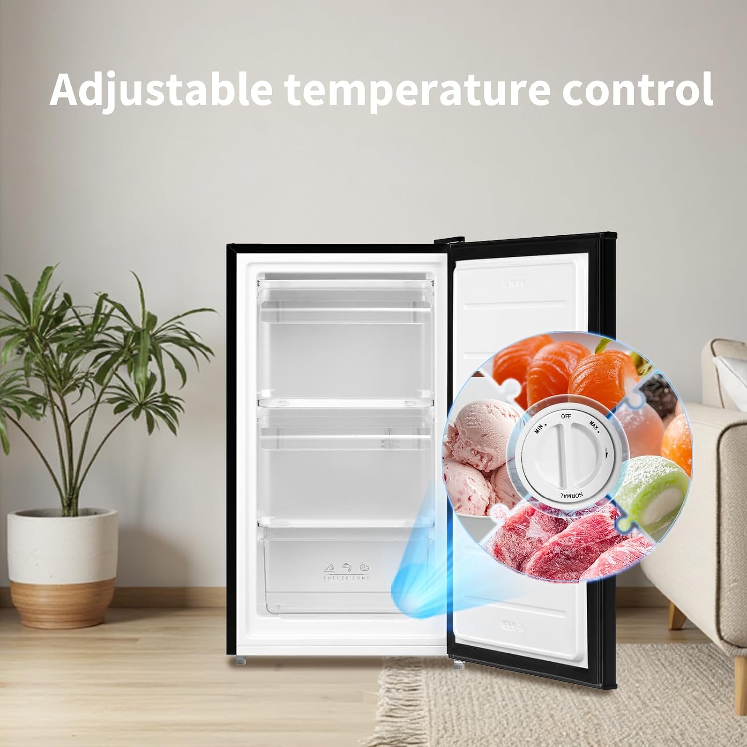 COMFEE' RCU60BL2UK(E) 60 Litre Freestanding Under Counter, 48cm Upright Freezer Adjustable Thermostat, Reversible Door, 4 Star Freezer Rating Drawer, - Image 9