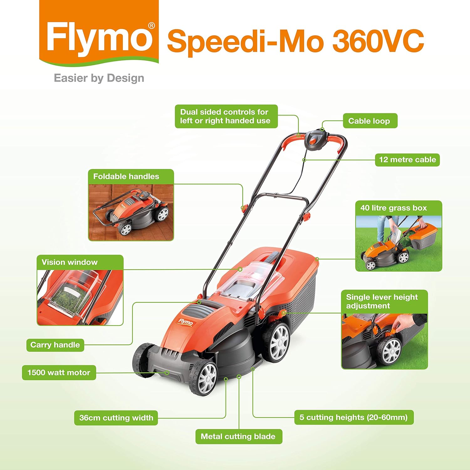 Flymo Speedi-Mo 360VC Electric Rotary Lawn Mower, 1500W, 36cm Cutting Width, 40 L Grass Box, 967663301 - Image 8