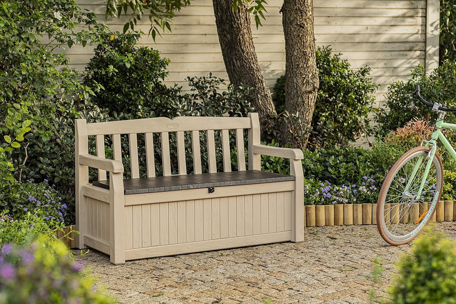 Keter Eden Bench 265L Outdoor 60% recycled Garden Furniture Storage Box Beige & Brown Wood Panel Effect | Fade Free | All Weather Resistant | Safe and - Image 5