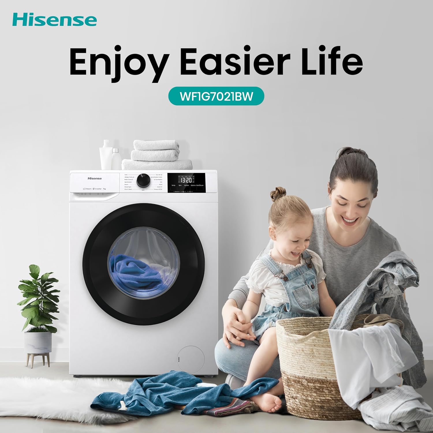 Hisense 7kg Washing Machine 1200 Spin White – Steam Wash, Inverter Motor, Quick Wash, 15 Programs (WF1G7021BW) - Image 9
