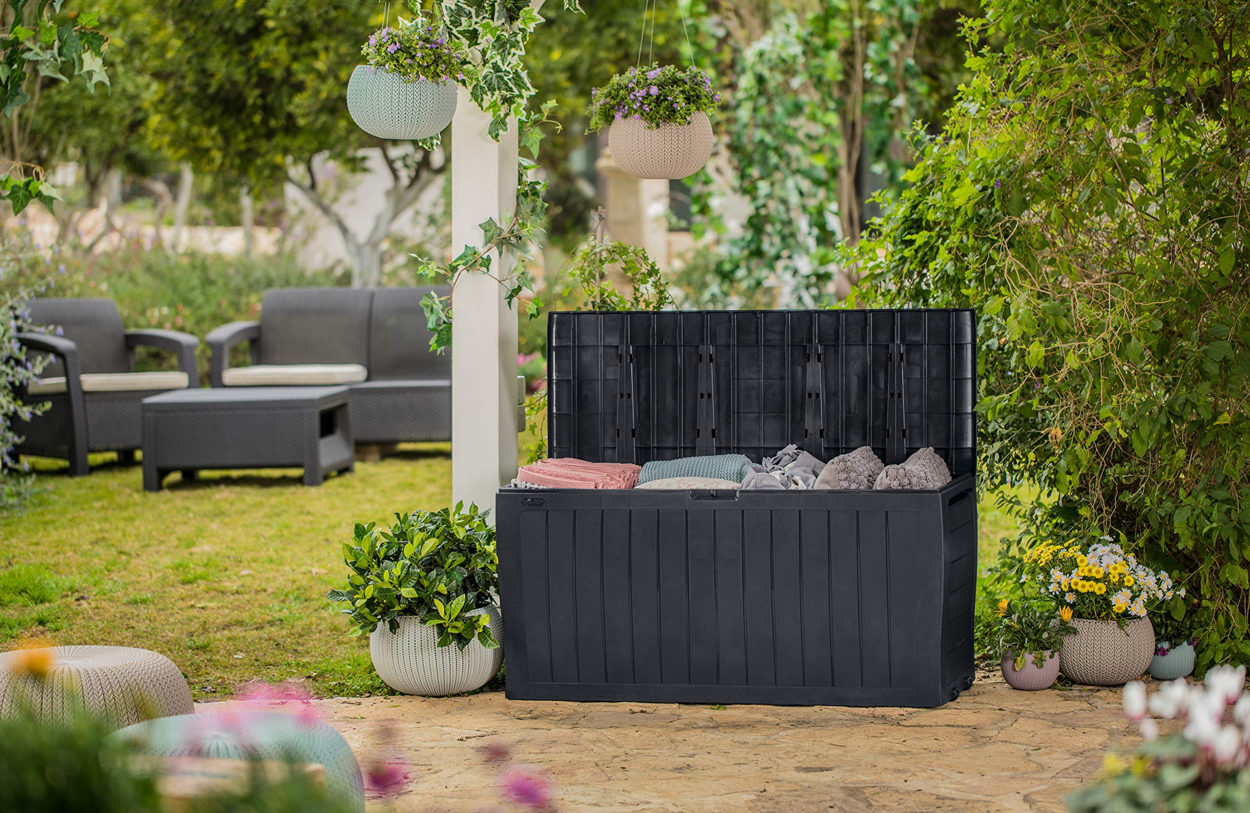 Keter Marvel+ 270L Outdoor 65% recycled Garden Furniture Storage Box Graphite Wood Panel Effect | Fade Free | All Weather Resistant | Safe and Secure - Image 8