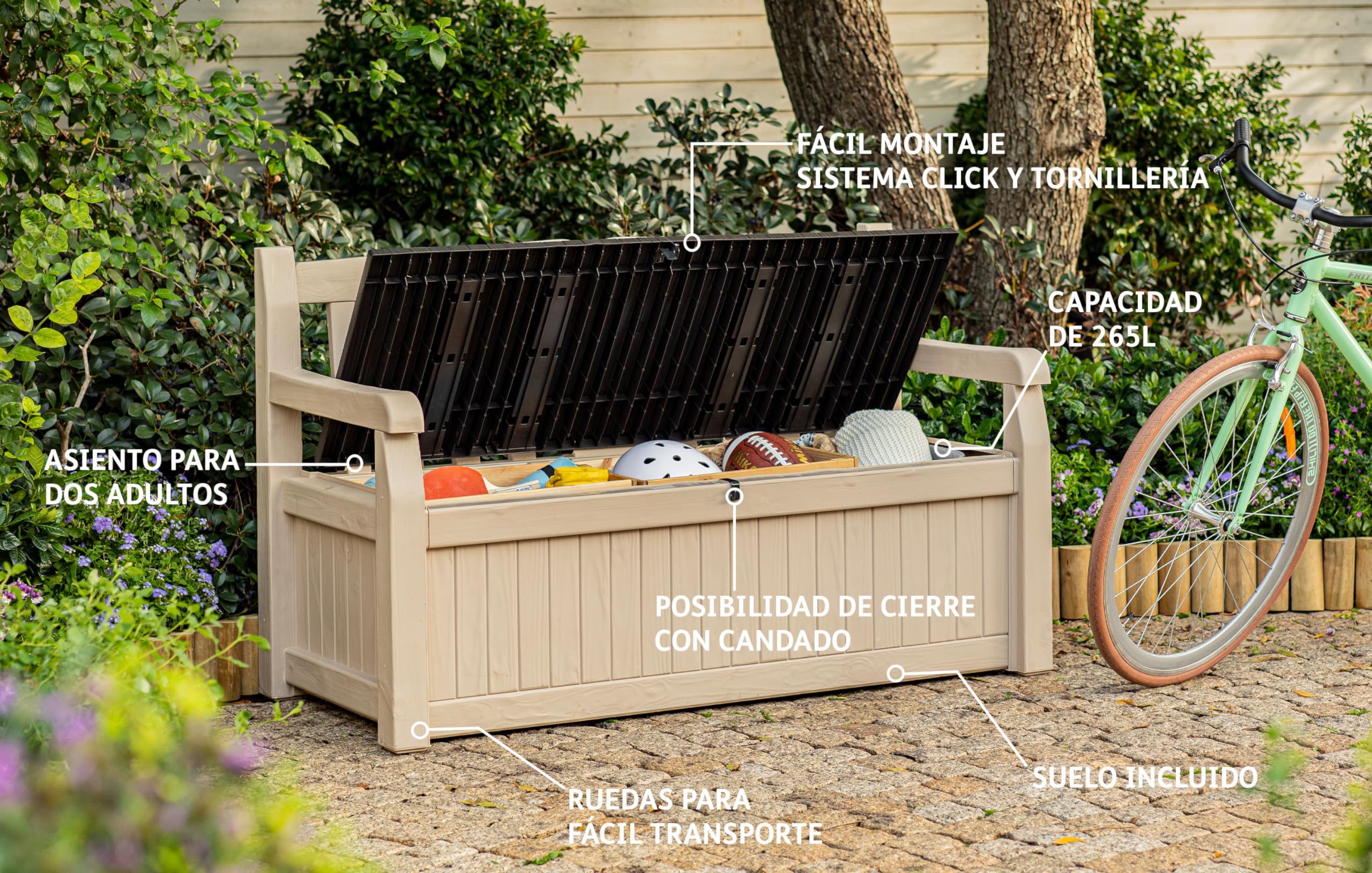 Keter Eden Bench 265L Outdoor 60% recycled Garden Furniture Storage Box Beige & Brown Wood Panel Effect | Fade Free | All Weather Resistant | Safe and - Image 2